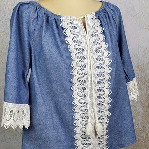Short Sleeve, Light blue blouse with lace detail